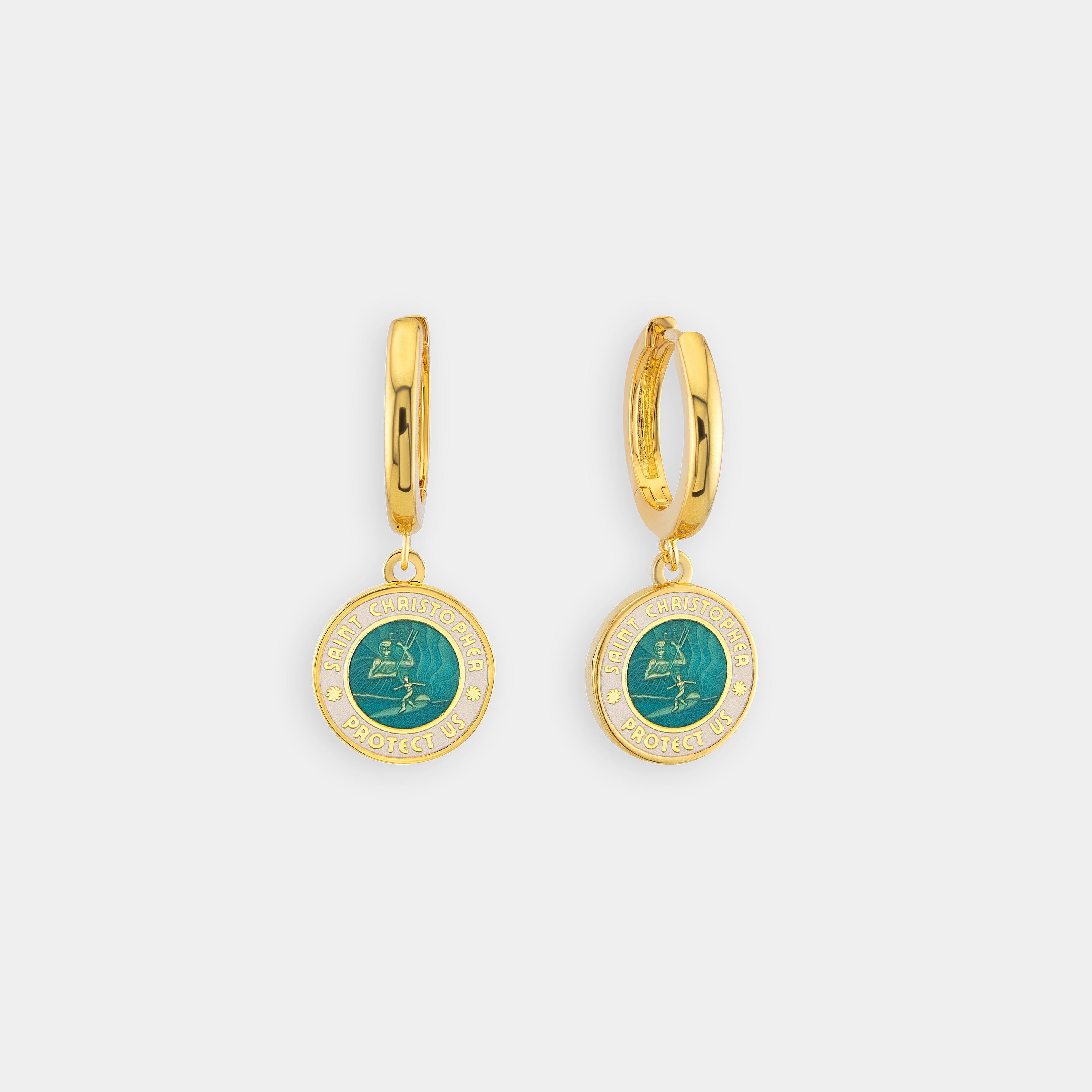St. Christopher Earrings - Gold / Aqua White